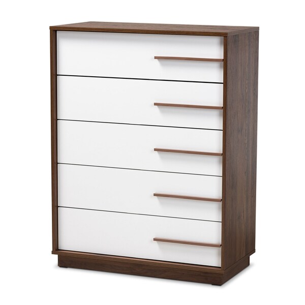 Baxton Studio Mette Mid-Century White and Walnut Finished 5-Drawer Wood Chest 157-9524 - main